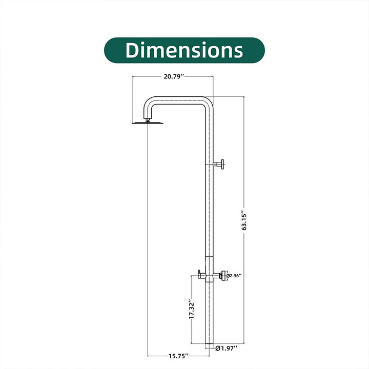 Dimensions of Outdoor Shower - Black Stainless Steel with Adjustable Head