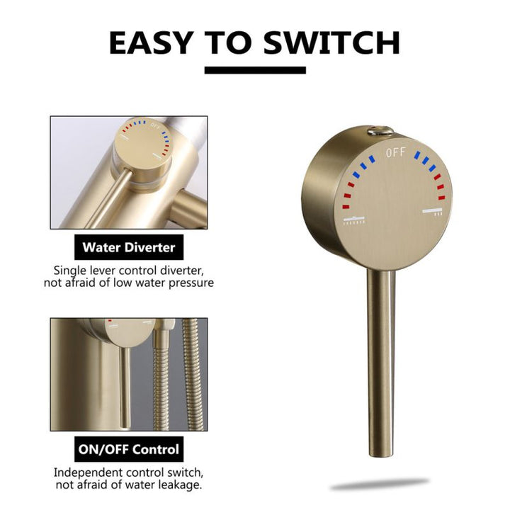 Outdoor shower diverter and on/off control switch in brushed brass finish