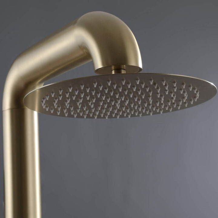 Close-up of outdoor shower head with anti-clogging silicone nozzles