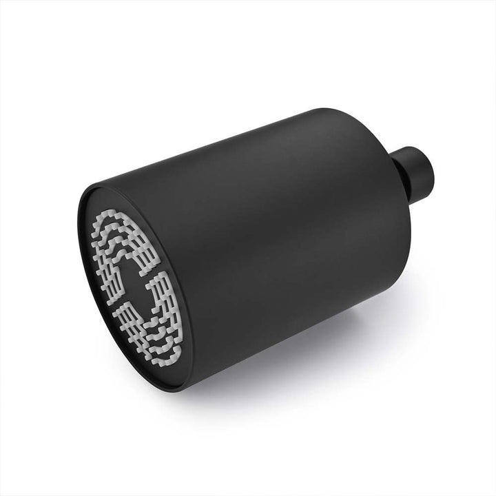Close-up of black outdoor shower head on white background