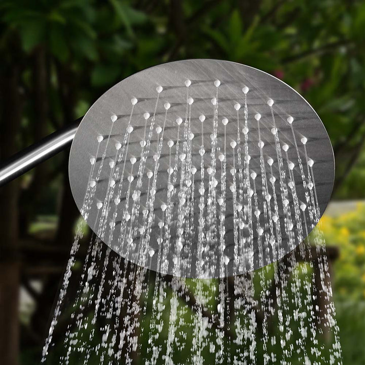Closeup of Outdoor Shower Head with Water Flow, Stainless Steel, Modern Design