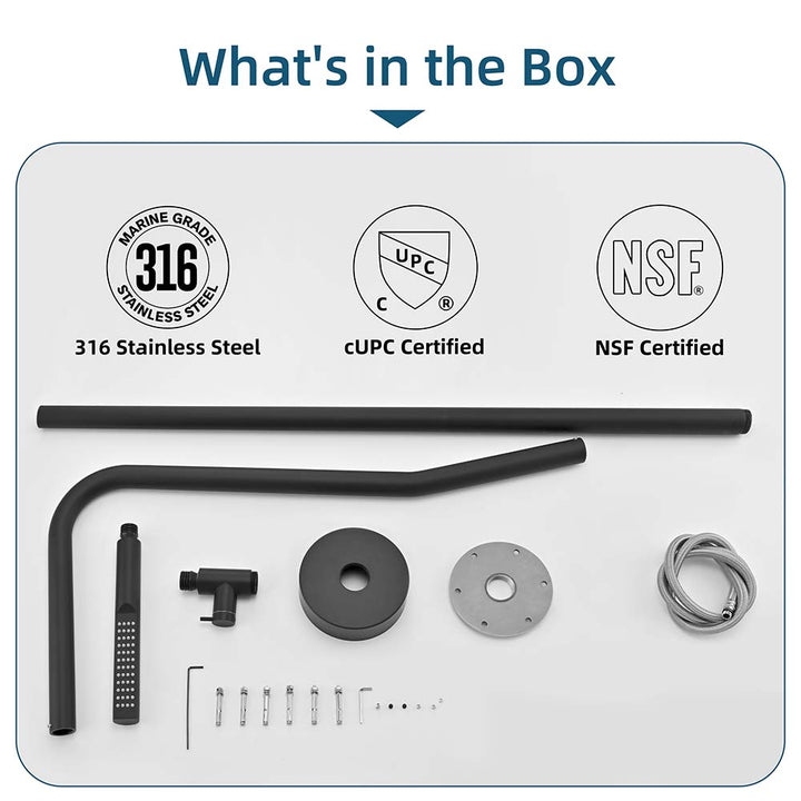 What's in the box for outdoor black stainless steel shower with 316 marine-grade material