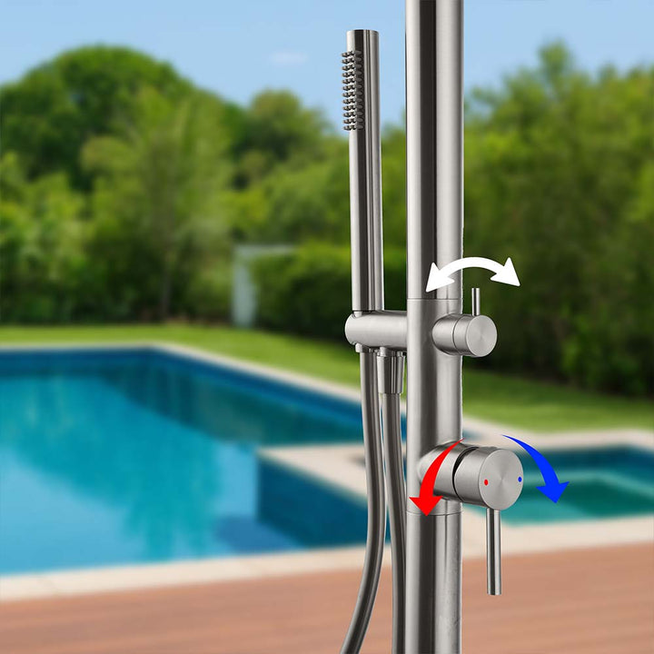 Stainless steel outdoor shower with rotating controls for temperature