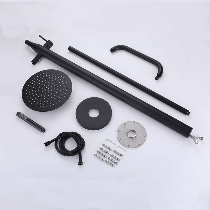 Complete black outdoor shower system kit with accessories