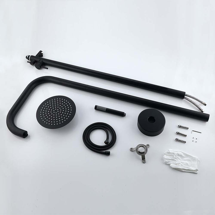 Complete black outdoor shower system with accessories