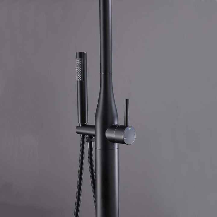 Black outdoor shower system with mixer and hand shower