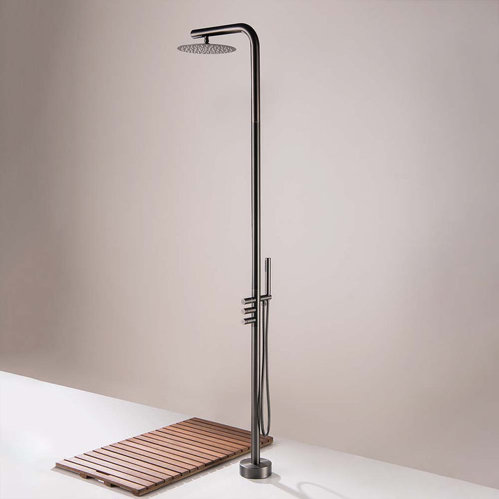 Modern black outdoor shower system with wooden deck