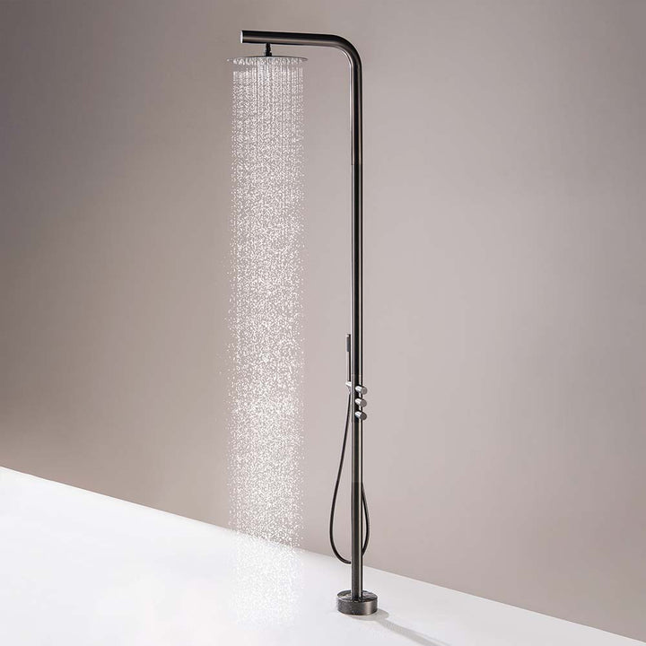 Modern black outdoor shower system with rainfall spray