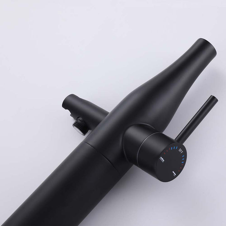 Black outdoor shower system with temperature control knob