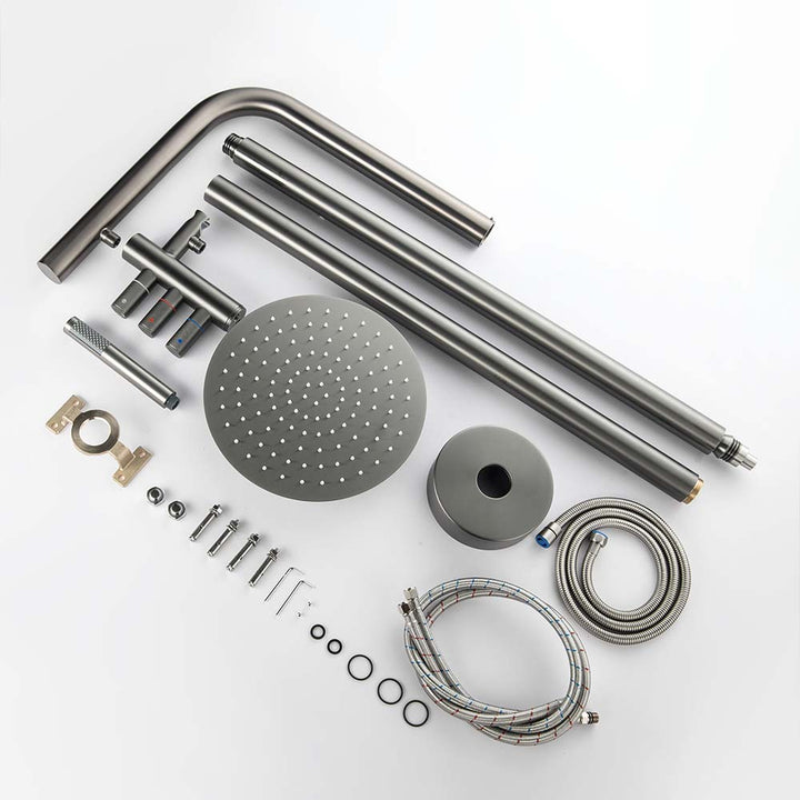 Complete black outdoor shower system kit components