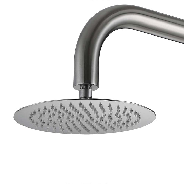 Outdoor rain shower head with curved arm installed