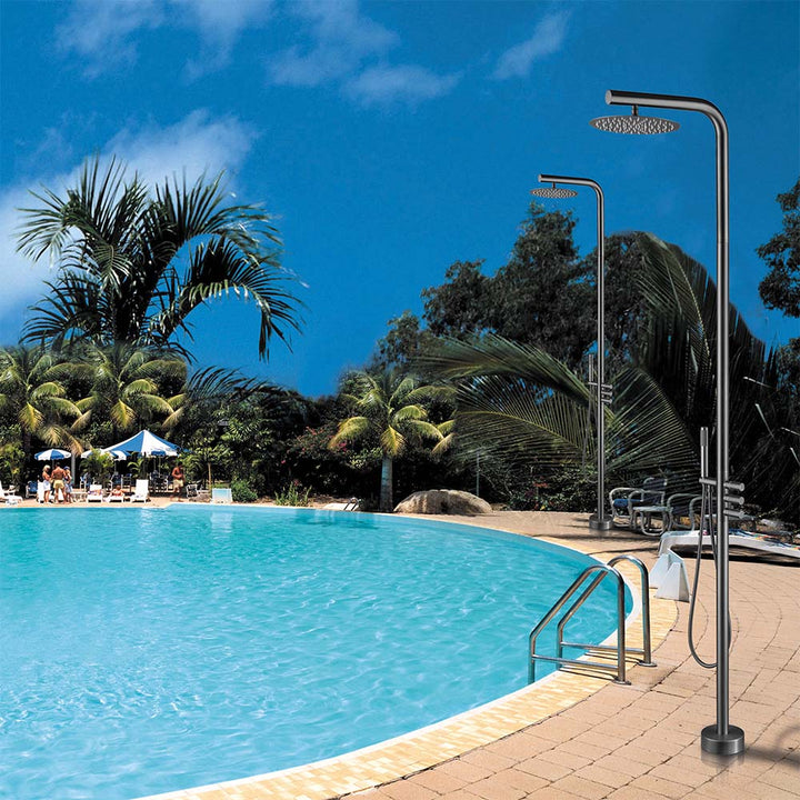 Outdoor shower system installed by the swimming pool