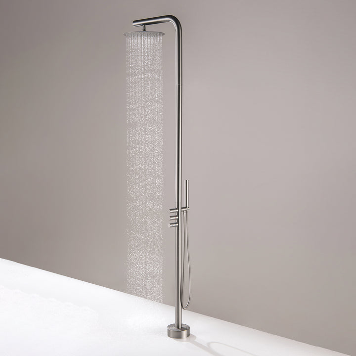 Outdoor shower system with overhead rainfall spray