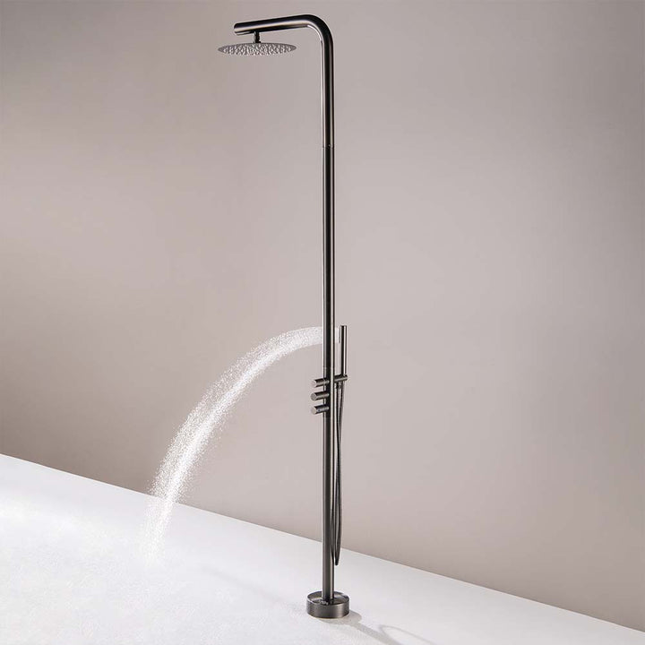 Outdoor shower system with spray gun in use
