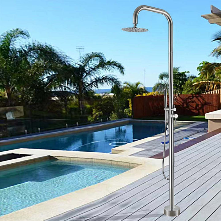 Stainless steel outdoor shower system with hand shower