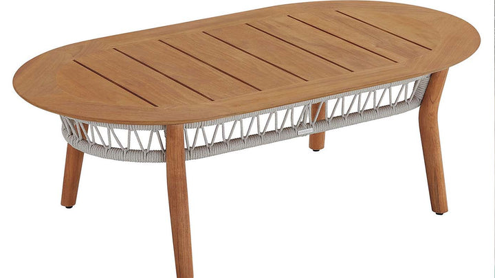 Oval outdoor coffee table with teak top and hand-woven rope base design