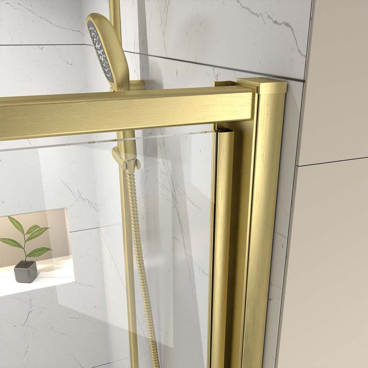 Pivot hinge detail on gold framed shower door for smooth opening