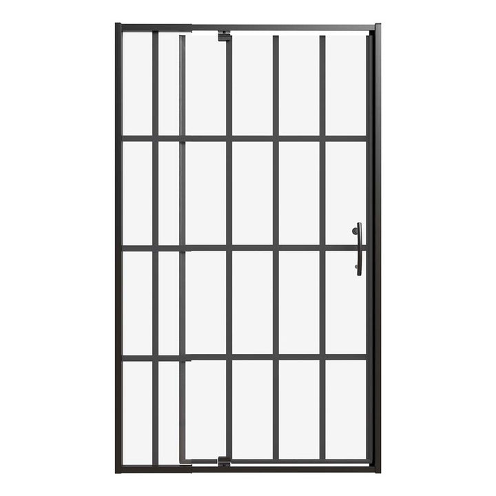 Pivot shower door with black frame front view on white background