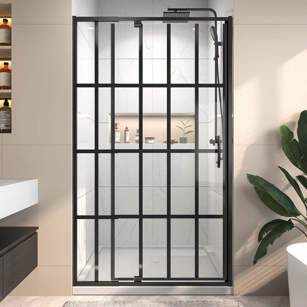 Pivot shower door with black frame in modern bathroom design