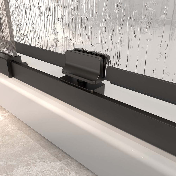 Pivot shower door bottom guide detail with textured tempered glass