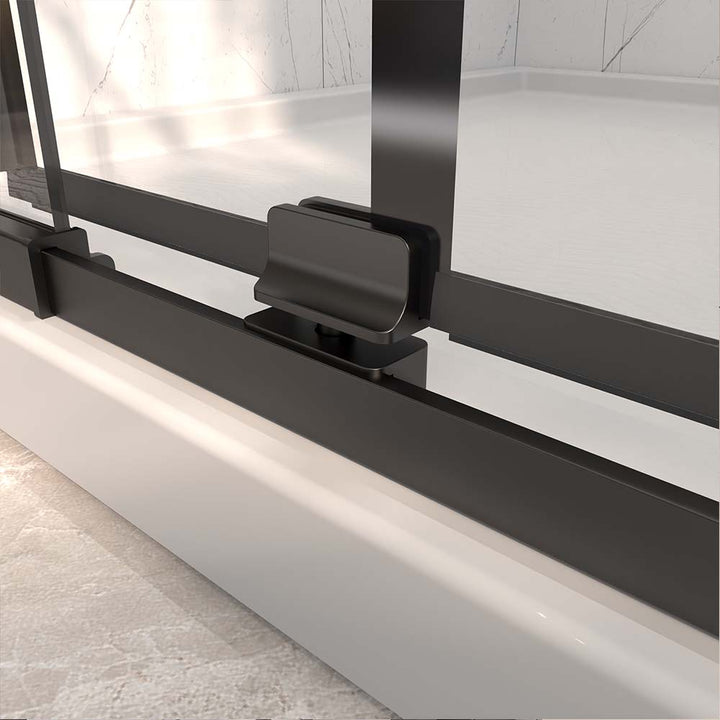 Pivot shower door bottom hinge close-up detail showing durable support