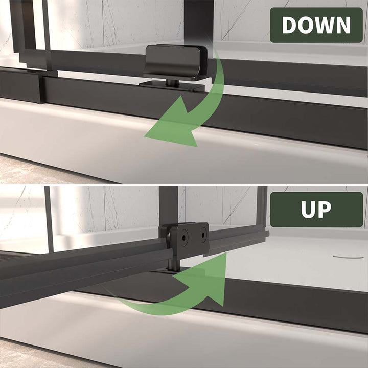 Pivot shower door bottom hinge lifting mechanism showing up and down function