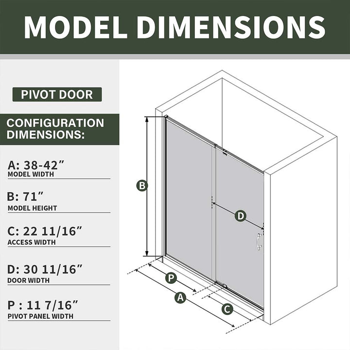 Pivot shower door model dimensions 38 to 42 inch width