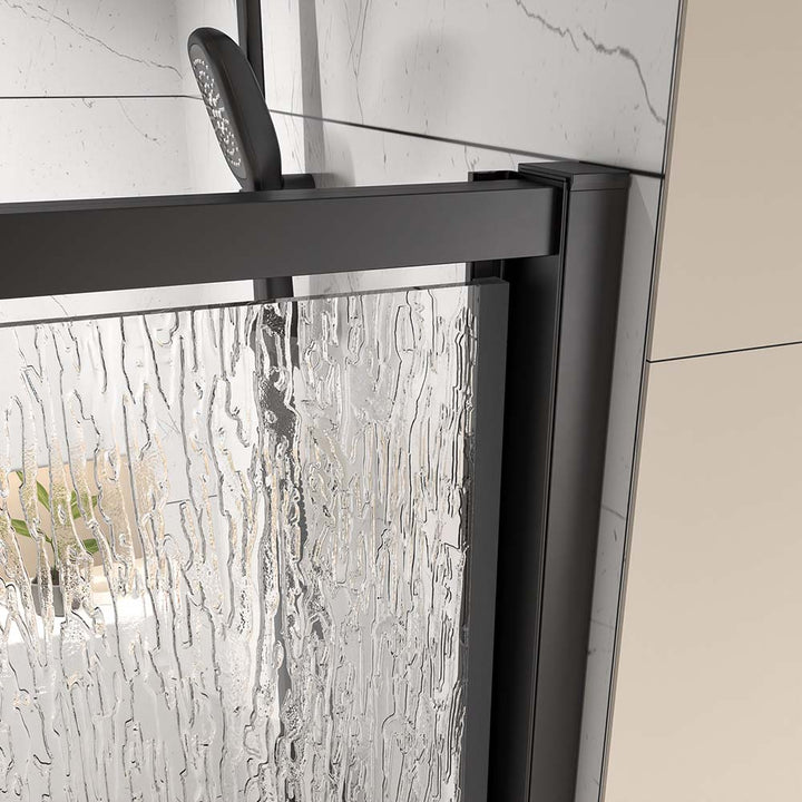 Pivot shower door frame and textured tempered glass detail