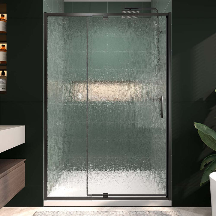 Pivot shower door front view with green wall background