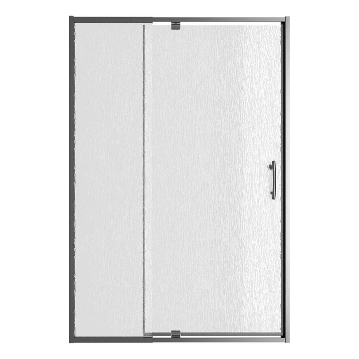 Pivot shower door front view with tempered glass and handle