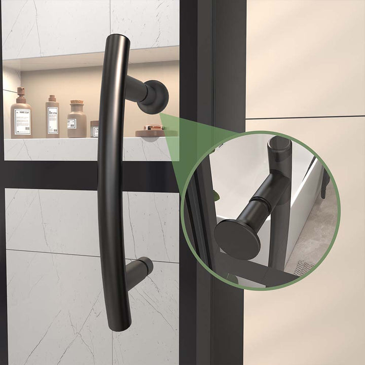 Pivot shower door handle detail with close-up view of black metal grip