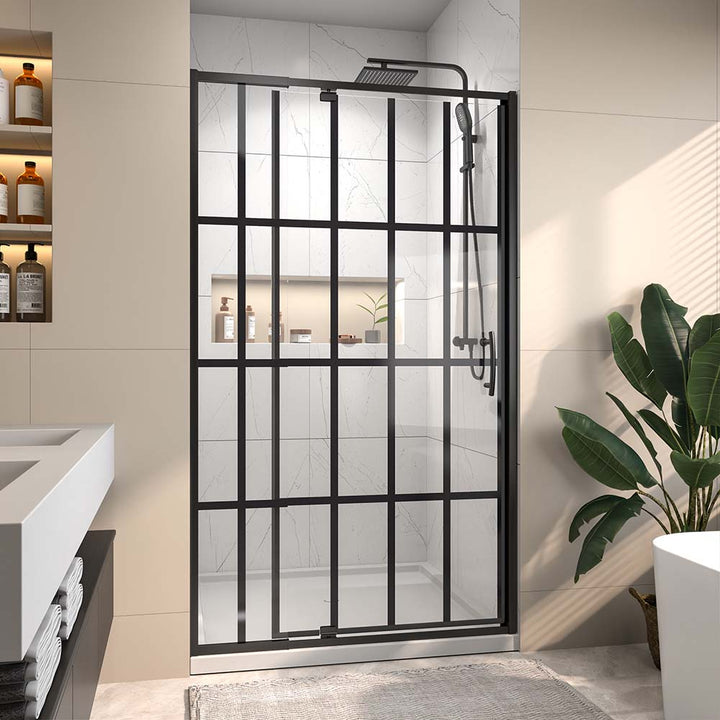 Pivot shower door with modern black frame in contemporary bathroom