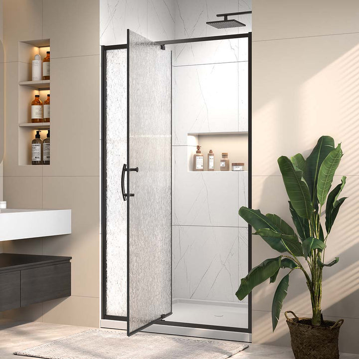 Pivot shower door open in modern bathroom with textured tempered glass