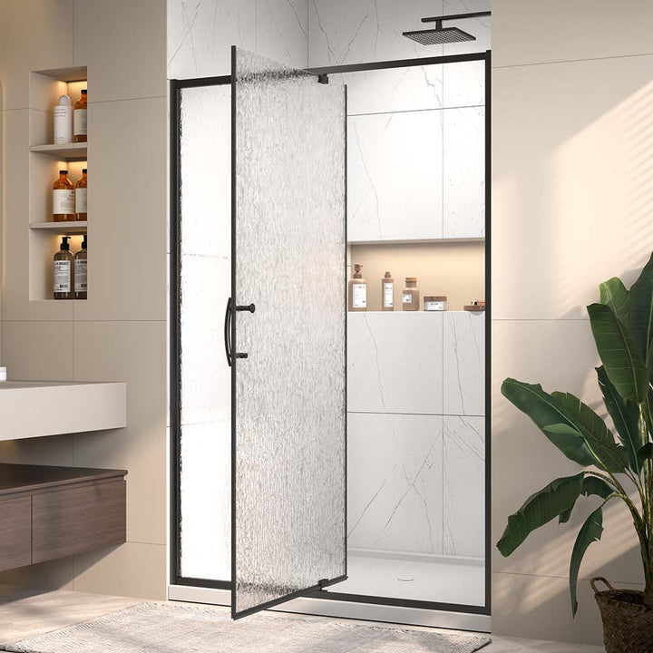 Pivot shower door open wide view for bathroom entry
