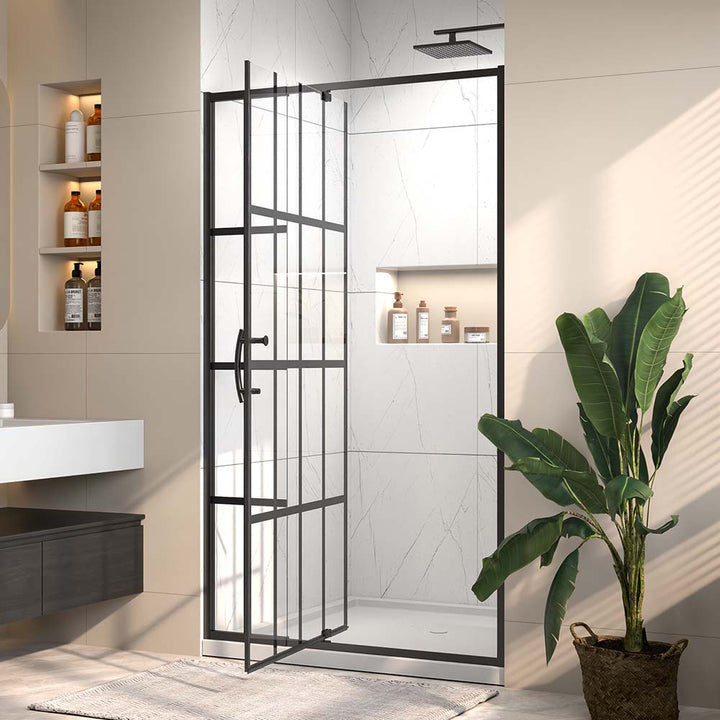 Pivot shower door open view with black frame in modern bathroom