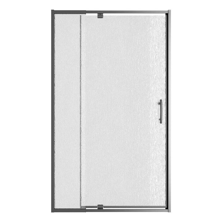 Pivot shower door front view with textured tempered glass and black frame