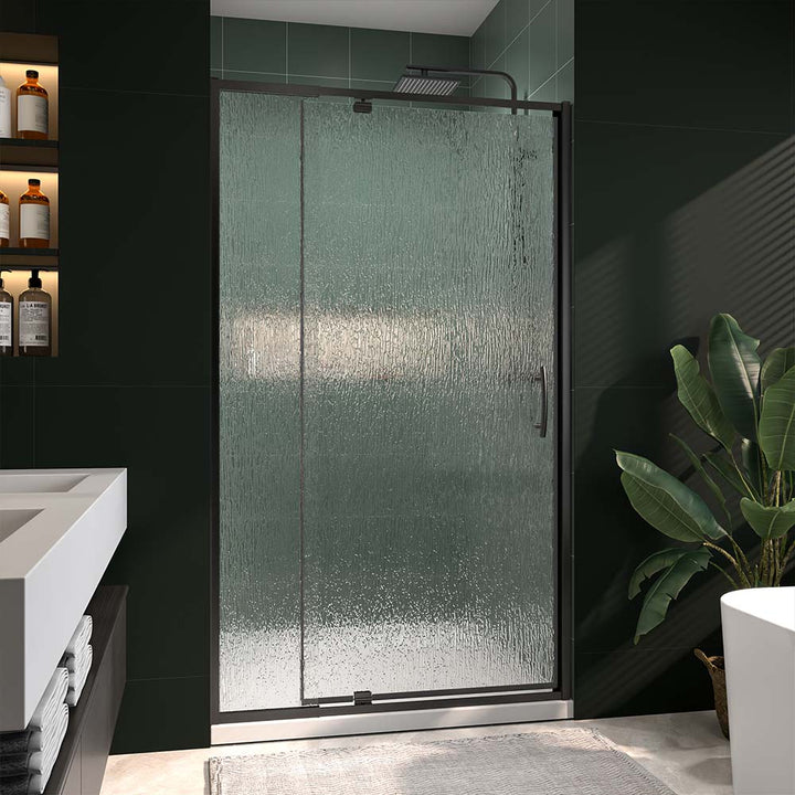 Pivot shower door with textured tempered glass and black frame