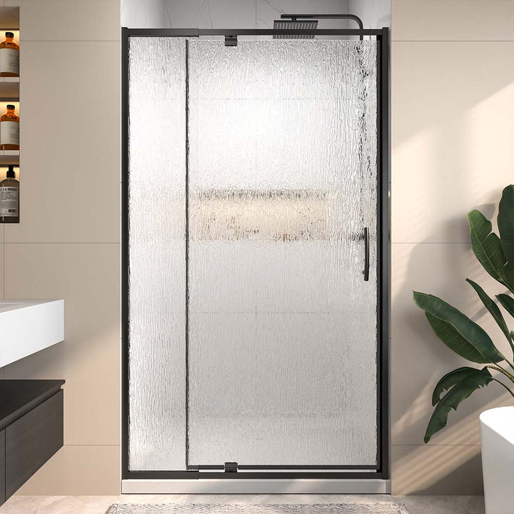 Pivot shower door with textured tempered glass and black frame