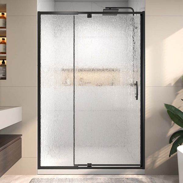 Pivot shower door with textured tempered glass front view