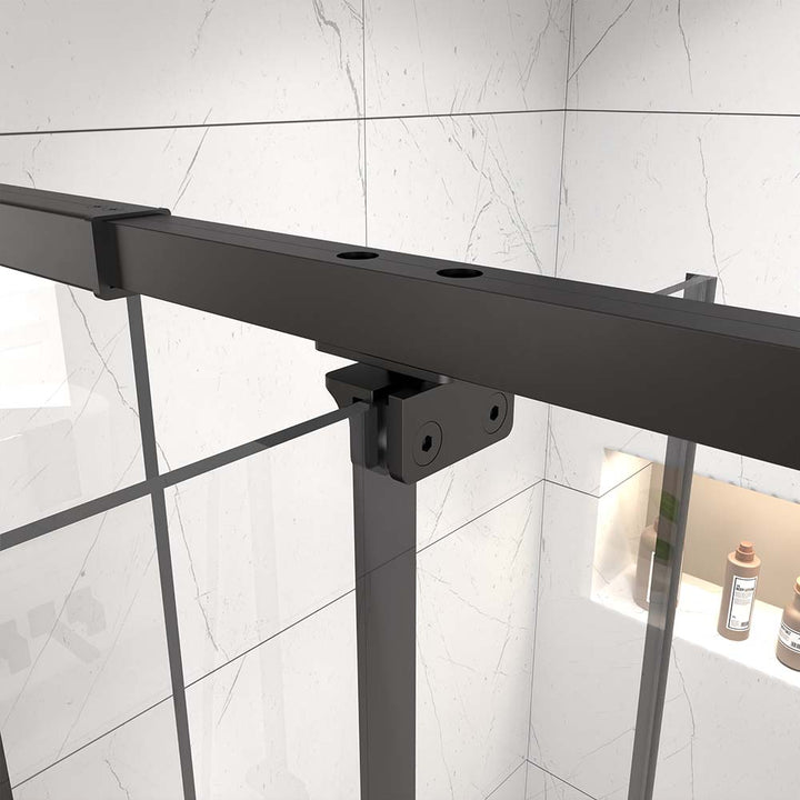 Pivot shower door top connector detail showing sturdy metal frame attachment