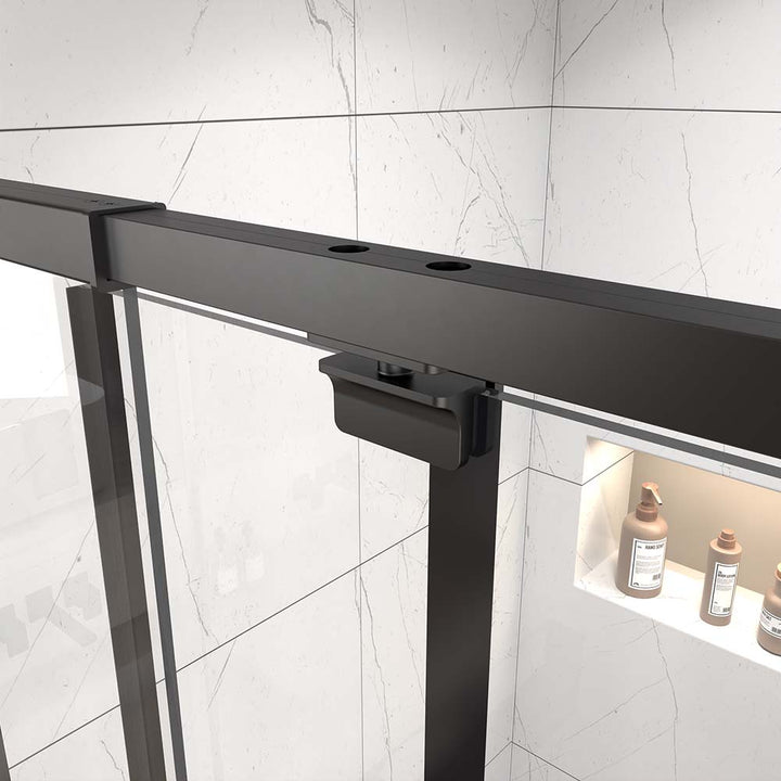 Pivot shower door top hinge detail showing durable metal connection