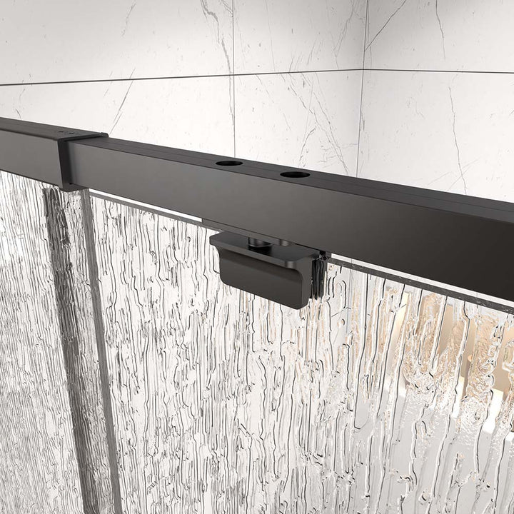 Pivot shower door top rail hardware detail with textured tempered glass