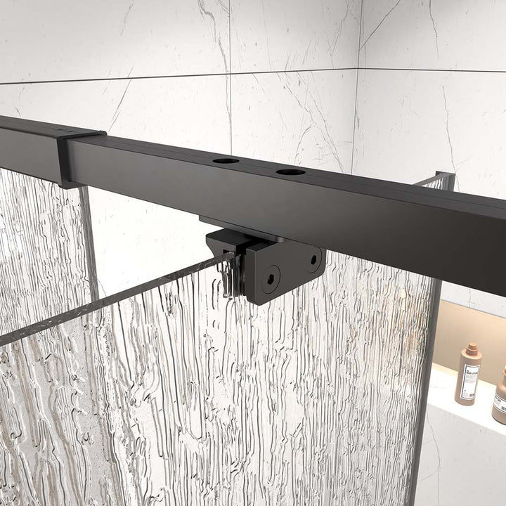 Pivot shower door top track with glass bracket detail