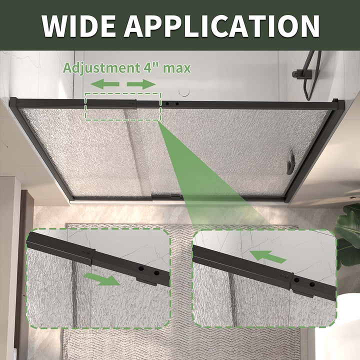 Pivot shower door wide application with 4 inch adjustment range