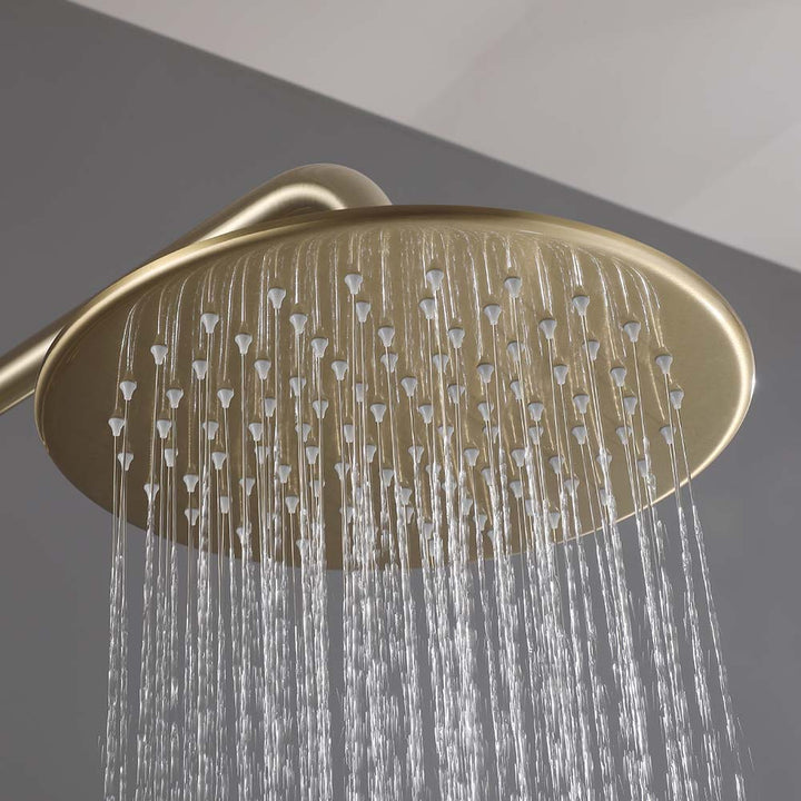 Brushed gold rainfall shower head with running water