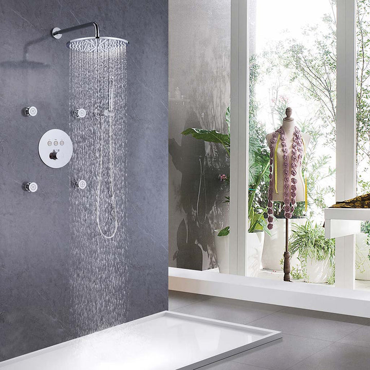Rainfall shower system showing water flow with wall jets