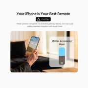 P7 cellular shade Matter control graphic showing an iPhone and a shade position slider in Apple Home.