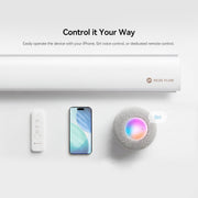 RezeFlow P7 cellular shade shown with a handheld remote, smartphone and smart speaker for control.