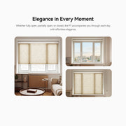 Three views of P7 cellular shades fully lowered, partly raised and open on a living room window.