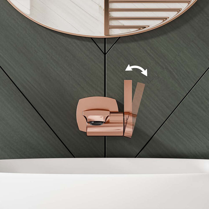 Top view of rose gold faucet handle showing smooth lever movement.